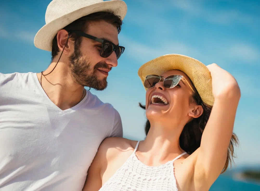 Ein Paar im Sommerurlaub am Meer lacht